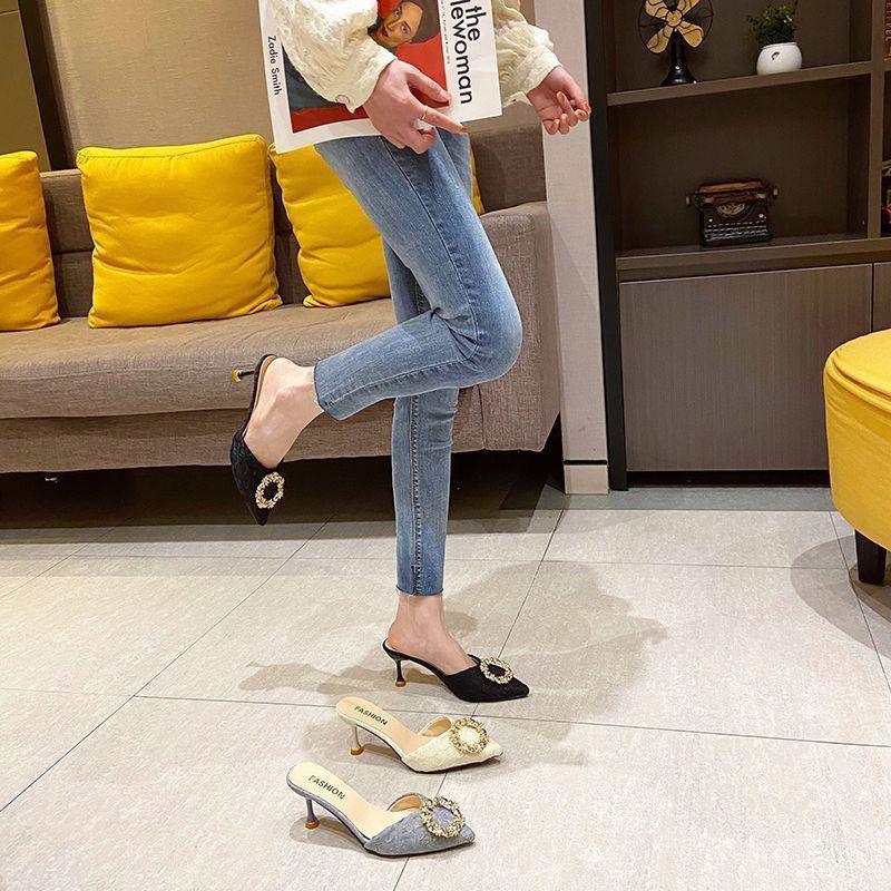 New Chinese temperament lazy fashion pointed rhinestones 2025 summer and autumn new high-heeled slippers thin-heeled bag head slippers