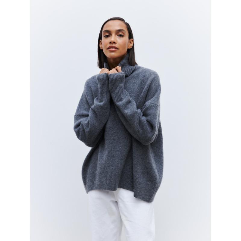 Podzimní a zimní dámský svetr s volným vysokým výstřihem Pohodlný ležérní svetr s dlouhým rukávem