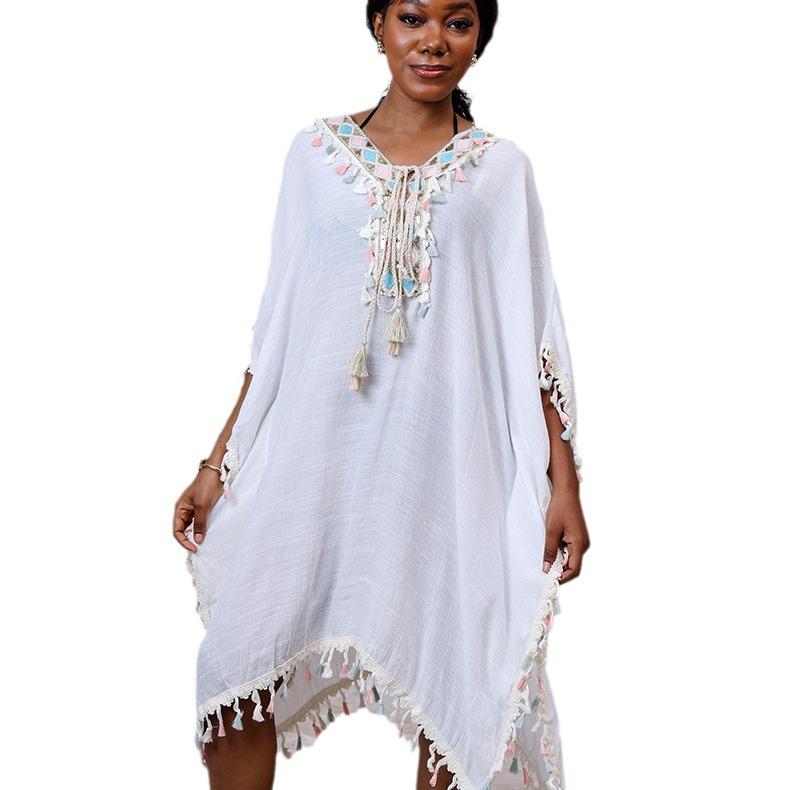 Seksowne plażowe okrycie z frędzlami: Szal ze złotym brzegiem, luźny krój, plus size, jednolity kolor