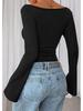 2025 Autumn Women's Solid Color Boat Neck Bell Sleeve Slim Fit Ruched Long Sleeve Top