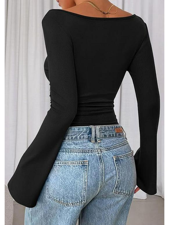 2025 Autumn Women's Solid Color Boat Neck Bell Sleeve Slim Fit Ruched Long Sleeve Top