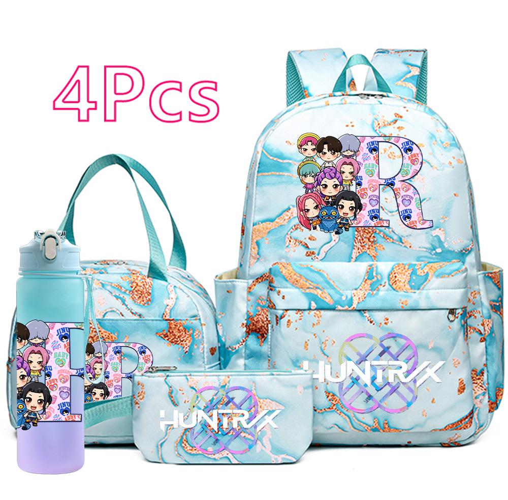 4Pcs/set Cartoon K-Pop Printed Large Capacity Backpack Handbag Pencil Case with 750Ml Water Bottler for Teenager Boy Girl Schoolbag Bookbag Mochila