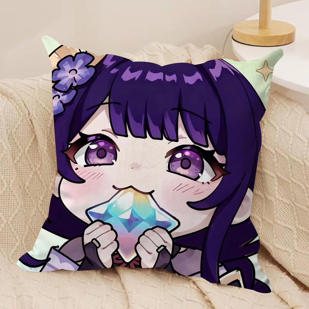 Raiden Shogun Genshin Impact Cushion Cover Silky Short Plush Invisible Zipper Dustproof Sofa Pillow Case For Home Decor