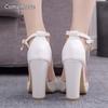 Women's White Bridal High Heels Ankle Strap Chunky Heeled Pointed Toe Wedding Party Dress Shoes Elegant Sandalias De Mujer