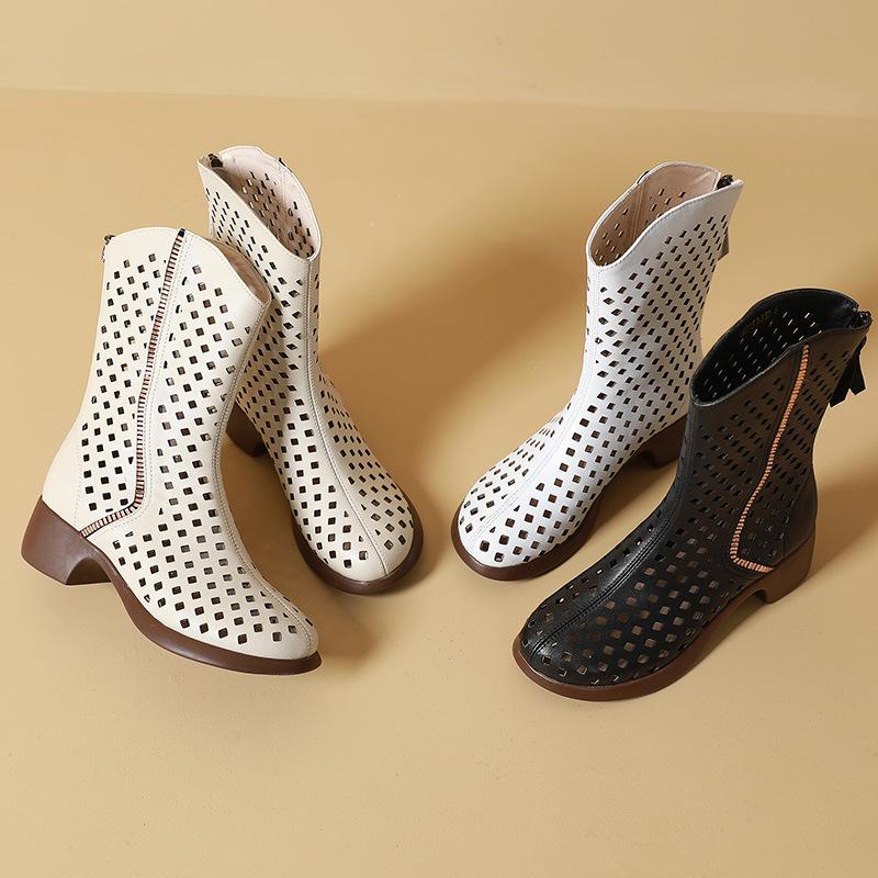 Fashion GKTINOO Women's Boots 2025 Summer Genuine Leather Woman Mid-Calf Boots Fashion Hollow Out Ladies Shoes Women Summer Boot Shoes