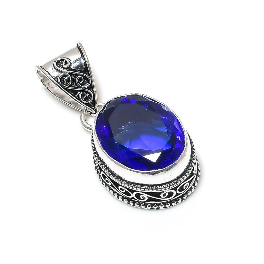 Dainty Blue Sapphire Gemstone Silver Pendant In 925 Sterling Silver - Handmade Oval Design, Everyday Wear Jewelry Party Wear Gift