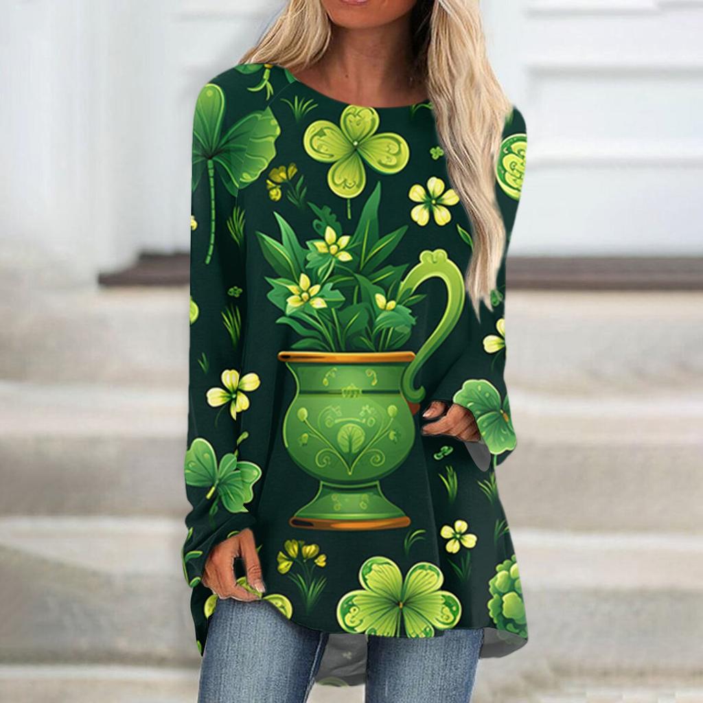 Moda casual pentru femei St. Bluză cu mâneci lungi, lungime medie, cu imprimeu de Ziua Sfântului Patrick