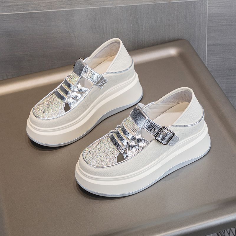 New rhinestone Roman sandals women's inner height increase in summer 2025 two wear hollow single shoes thick-soled muffin white shoes