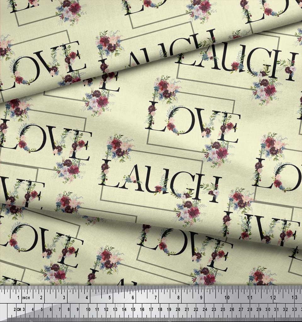 Soimoi Japan Crepe Satin Fabric Floral Love Text Fabric Prints By Metre 42 Inch
