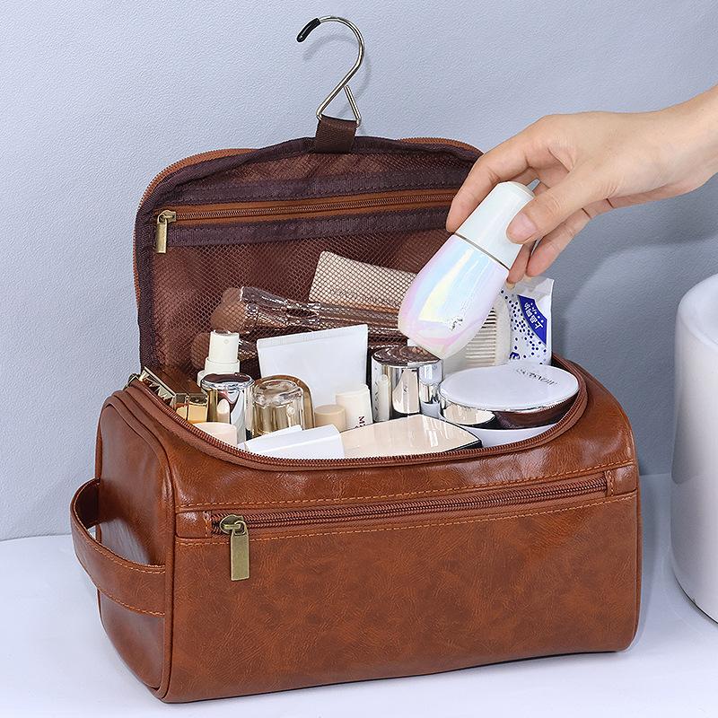 Leather Men Business Portable Storage Bag Toiletries Organizer Women Travel Cosmetic Bag Hanging Waterproof Wash Pouch