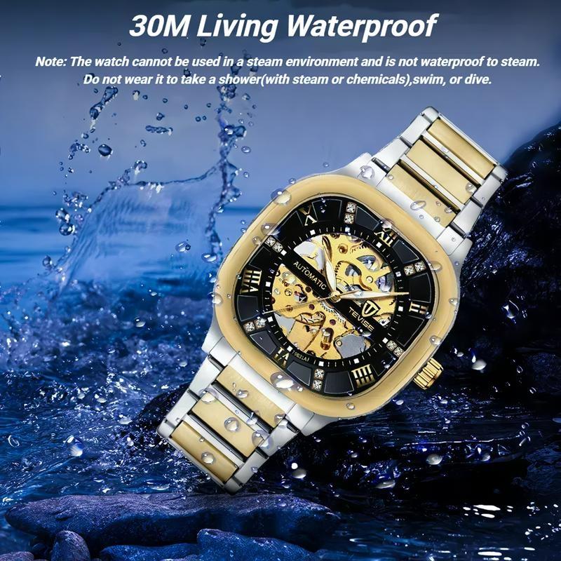TEVISE Automatic Mechanical Watches for Men Stainless Steel Waterproof Skeleton Watch Square Dial Luminous Fashion Business Wristwatch