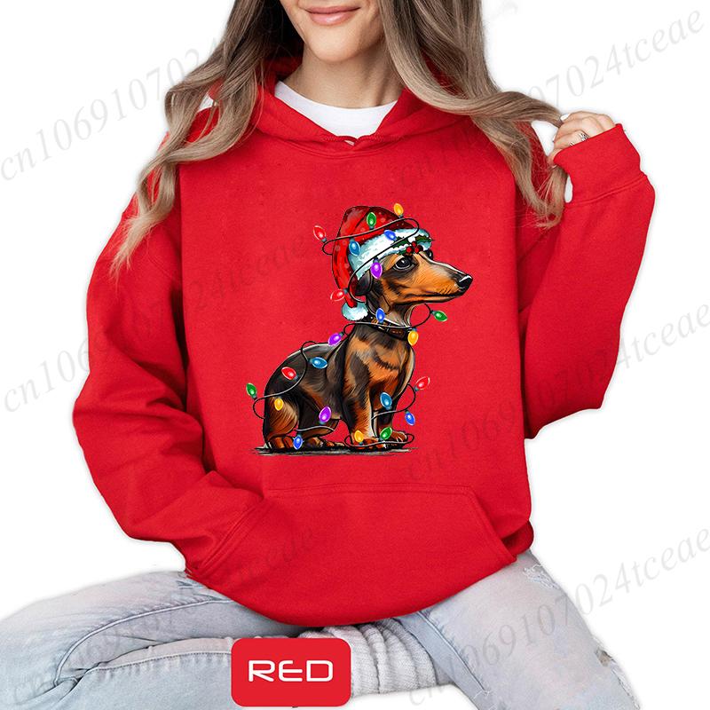 Christmas Dachshund Printed Hooded Sweatshirt Merry Christmas Women's Loose Hoodies Xmas Dog Cartoon Anime Hoody Clothing