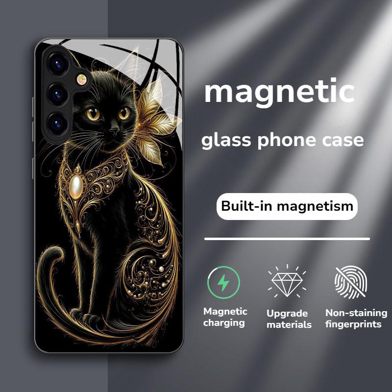 New Magnetic Tempered Glass Phone Case Featuring a Cat for Samsung Galaxy Note20/S20/S21/S22/S23/S24/S25/ Plus Ultra 5G