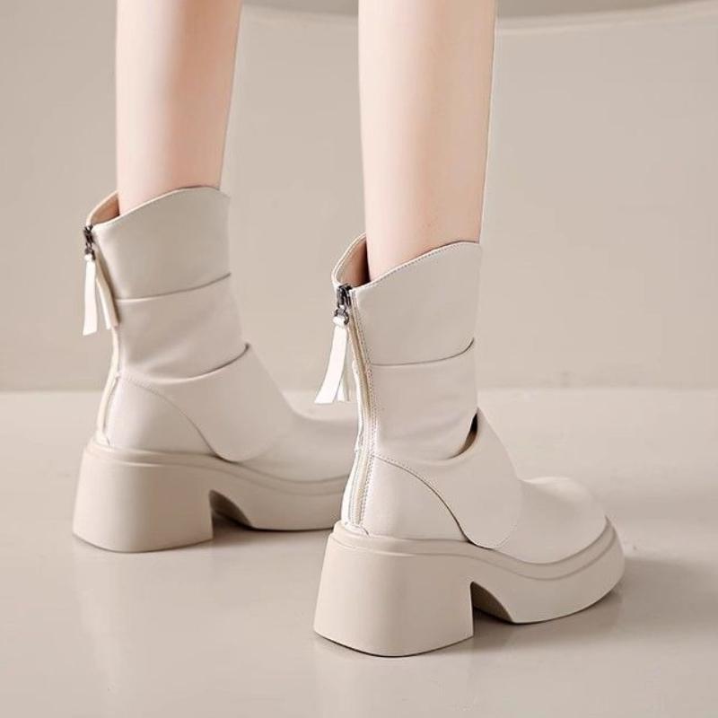 Leather Platform Women's Half High Boots Autumn Winter Round Toe Ladies Mid Calf Shoes New In Gothic Work Gyaru Trend 2025 Boot