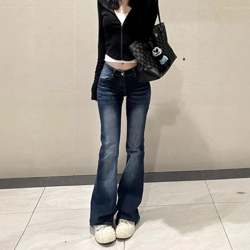 Spicy Girl Deep Blue High Waist Bootcut Jeans - Petite Elastic Slimming Distressed Straight Leg Pants