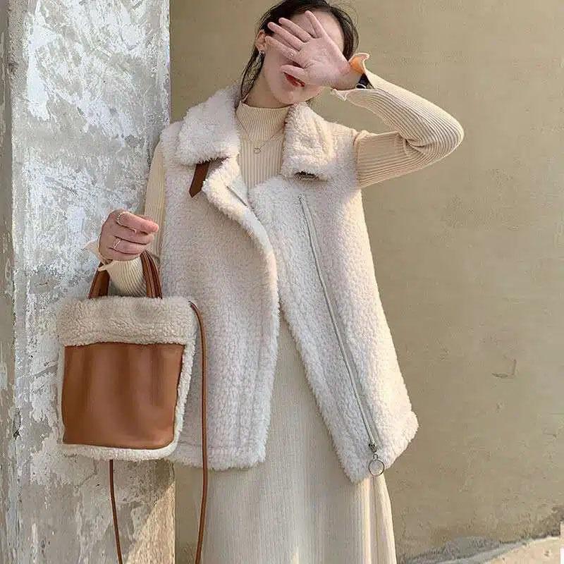 Jehněčí plyšová vesta dámská podzimní a zimní svrchní bunda vesta