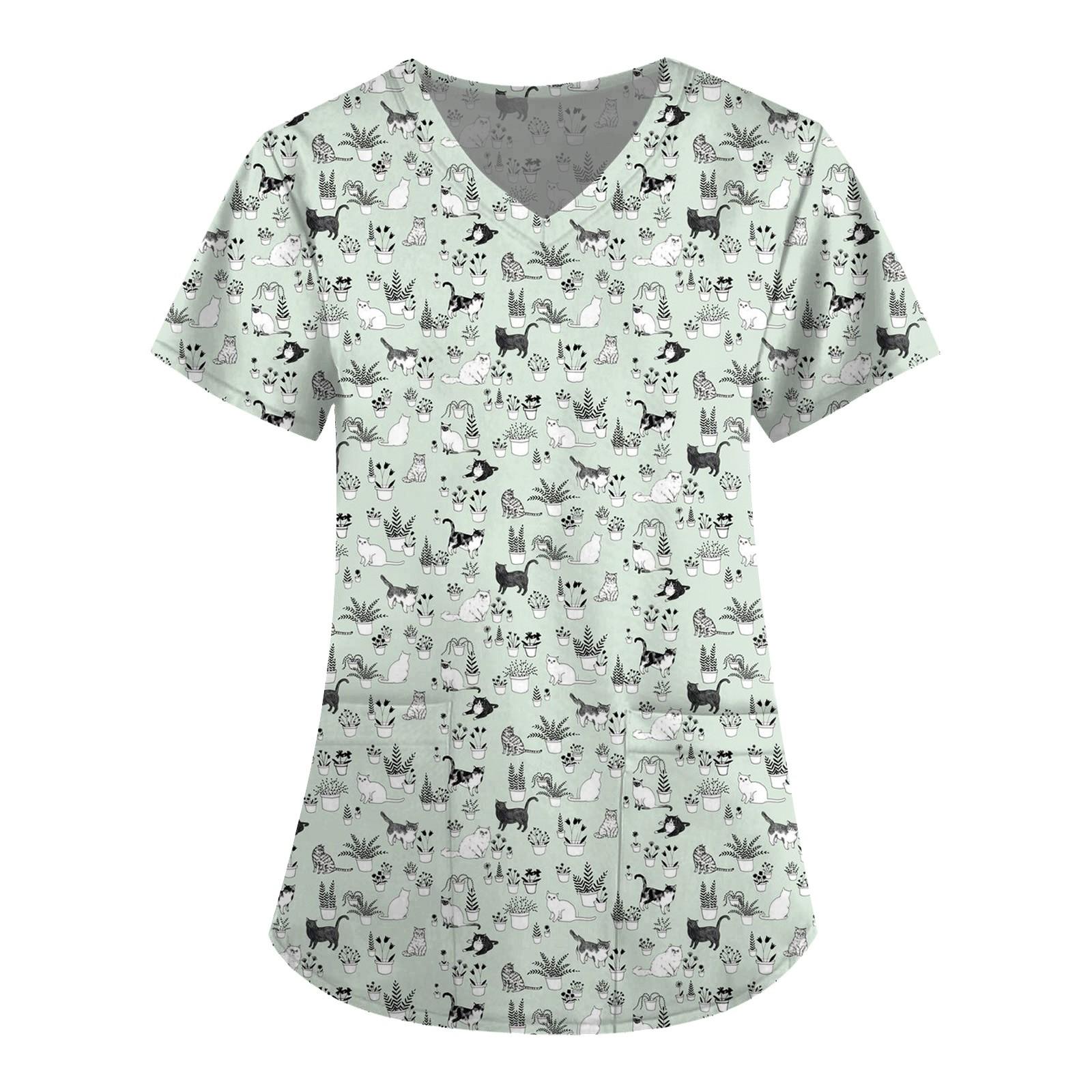 

Женский топ с карманами и карманами с короткими рукавами и v-образным вырезом с милыми животными L зелёный