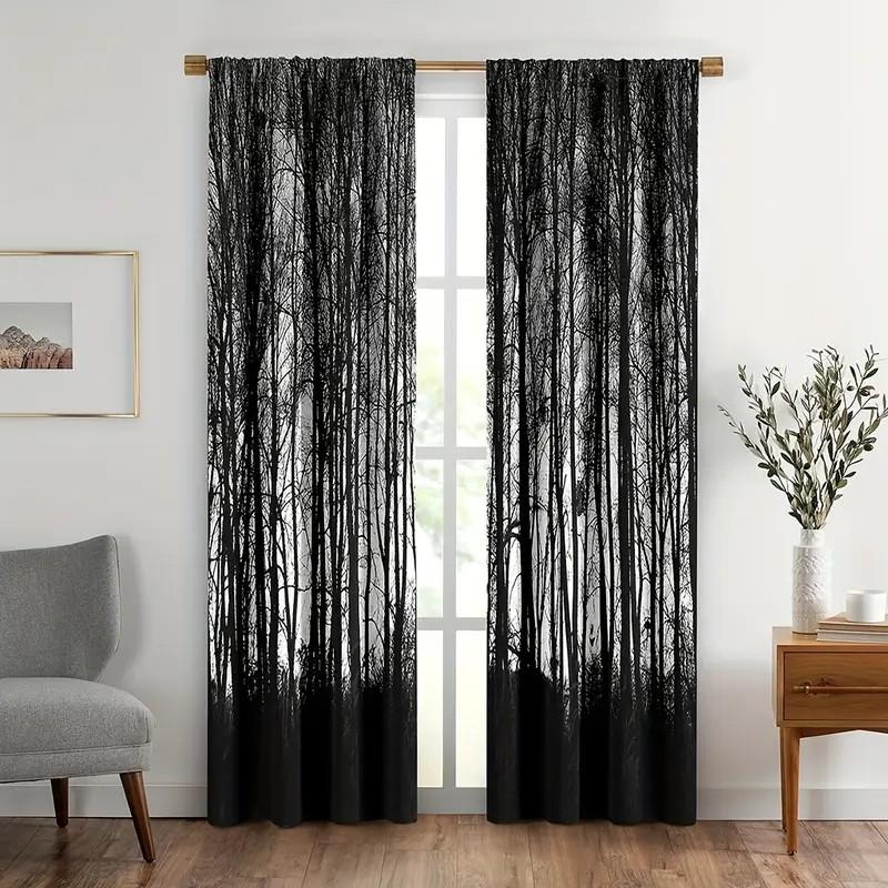 Set Of 2 Jit Forest Silhouette Curtain Privacy Window Drapes Polyester Living Room Bedroom Decor Blackout With Rod Pocket Ideal For Great