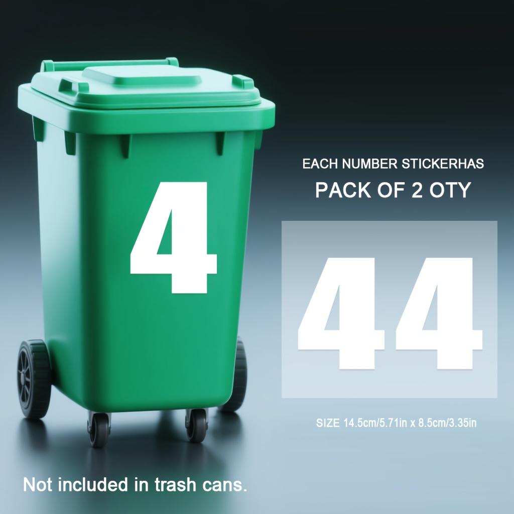 

2pcs/sheet White Number Stickers Trash Can Labels Waterproof for Wheeled Dumpsters Large Trash Cans Car Bins Garage Organization (as the picture,14.5x8.5CM-each)