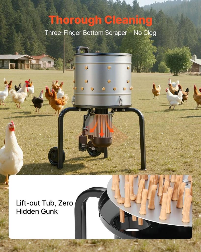 Chicken Plucker Machine, 400mm Drum, 500W & 230RPM Electric Chicken Plucking Machine with 114 Soft Fingers & Transport Wheels, Stainless Steel Feather