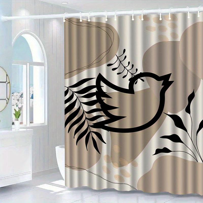 Floral and bird patterned shower curtain, made of polyester fabric machine washable, with hooks suitable for bathroom decoration
