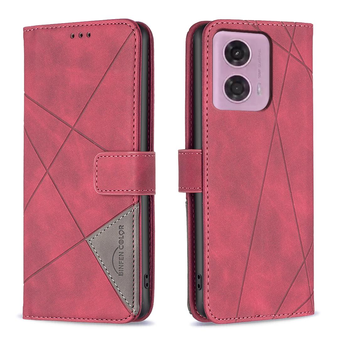 

BINFEN COLOR For Motorola Moto G45 5G/G34 5G Phone Cases Wallet Stand Geometry Imprinted Leather Cover Red
