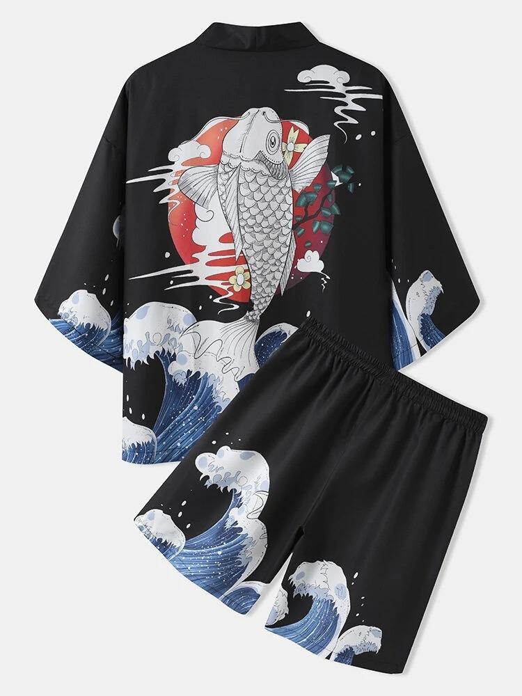 2026 New national style Hawaiian vacation ukiyo-e painted seven-quarter-sleeved Taoist robe 3D printed carp kimono cape