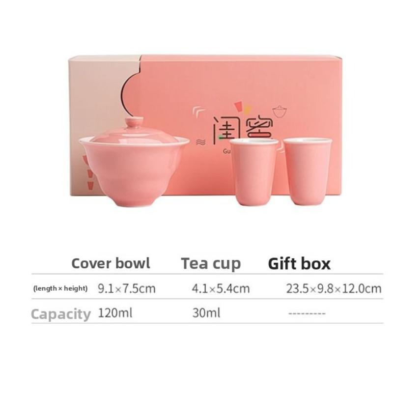 Simple Ceramic Kung Fu Tea Set One Pot and Two Cups Pink Ercai Bowl Goddess' Day Souvenirs Matcha Tools Teaware Kitchen Dining