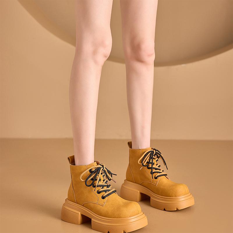 Women's Ankle Boots and Short Boots Thick-soled Casual Yellow Women Boots Plus Size Lace-up Motorcycle Boots Female