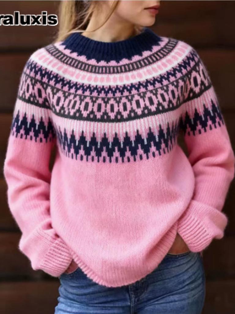 New Style Women's Wool Sweater Wish Hot Sale Crewneck Color Block Loose Fashion Pullover Knit Shirt