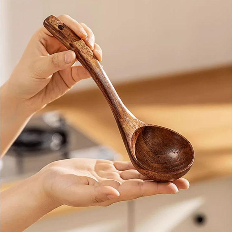 Teak Wooden Ladle Spoon Kitchen Serving Spoon With Back Hooks Non-stick Wooden Soup Ladle For Cooking Serving And Stirring