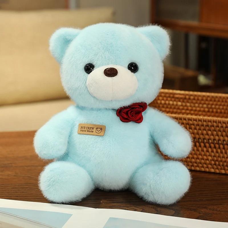 25cm Kawaii Colorful Bow Tie Bear Doll Plush Toy Stuffed Bear with Rose Animal Doll Birthday Gift Pillow for Girls Children