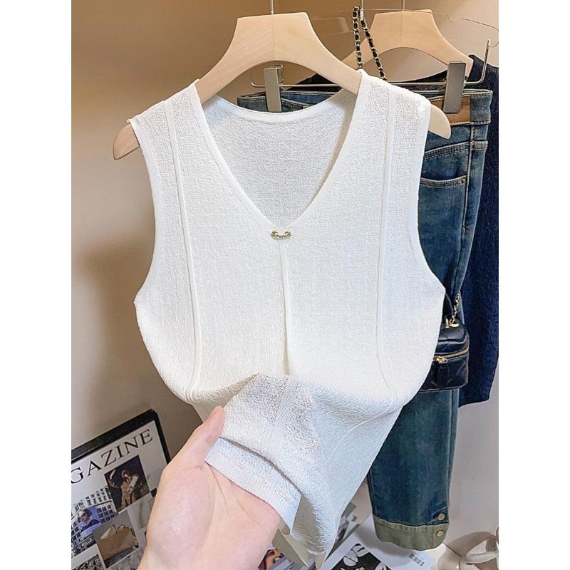Women s 2025 New Ice Silk Knitted V-Neck Thin Loose Sleeveless Vest Camisole Top L