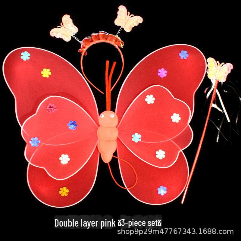 Children's Glow Angel Costume: Girl's Gauze Skirt with Flashing Wings and 20-Light Butterfly Design, 3-Piece Set.