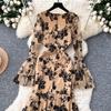Summer Elegant Embroidery Flower Mermaid Evening Party Dress Women Long Flare Sleeve Cup Padded V Neck One Piece Mesh Folds Prom Robe