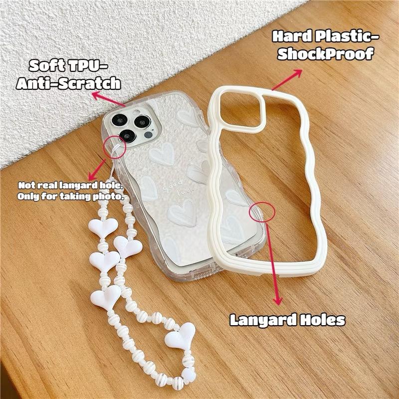 Wavy Frame Heart-Shaped Mirror Phone Case For iPhone 16 15 14 13 12 11 Plus Pro Max X XR Girls Fashion Phone Case With Bracelet