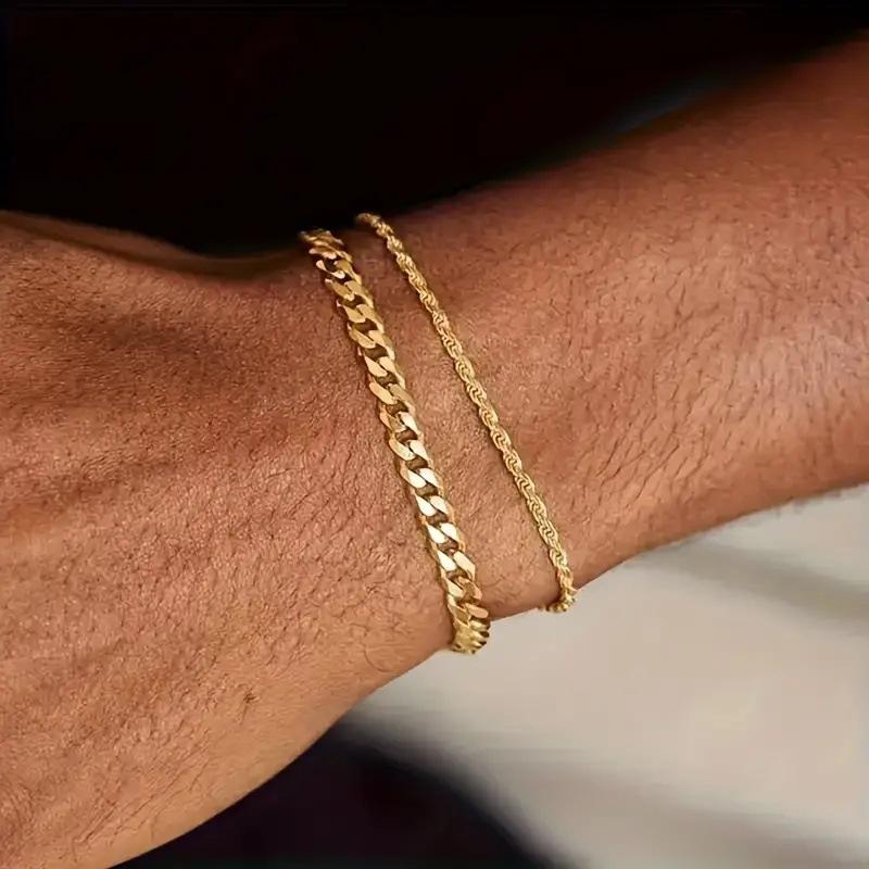 

1 шт. Мужской минималистичный и спортивный браслет-цепочка из витого шнура из нержавеющей стали с 18-каратным золотым покрытием, подходит для хип-хопа и уличных танцев one-size золотой