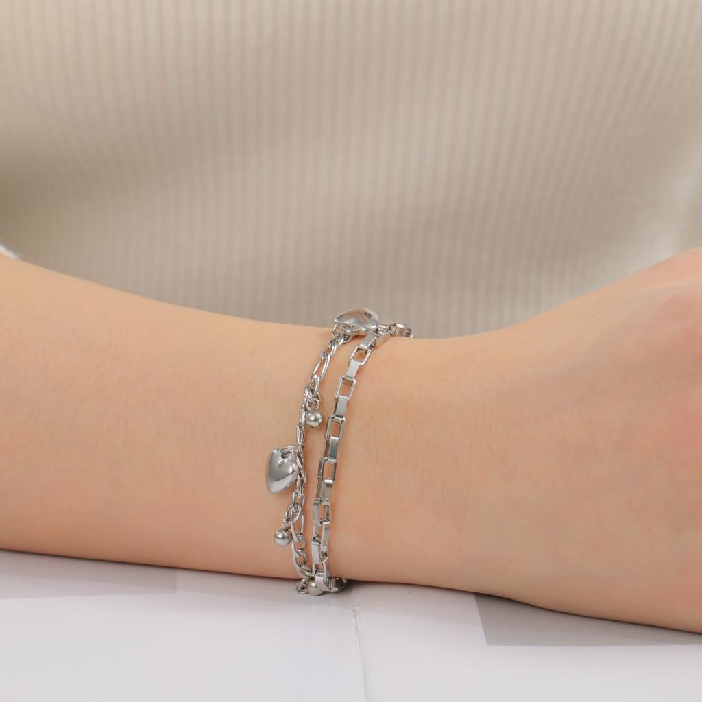 Heart Beads Charm Bracelet Stainless Steel Gold Double Layer Chain Bracelets Trendy Women Jewelry Mother's Day Gift