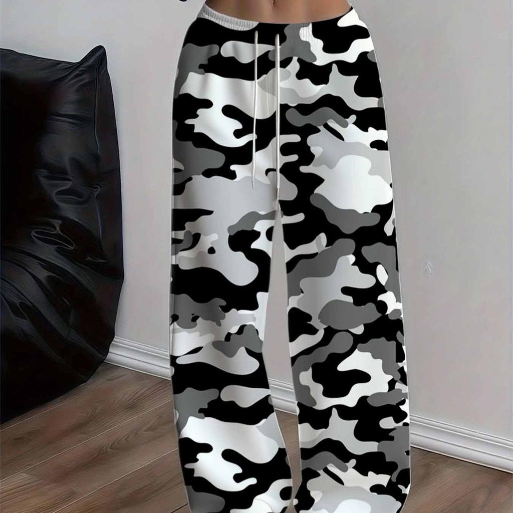 Women's casual wide-leg pants in black, white and gray camouflage pattern in a comfortable, loose fit