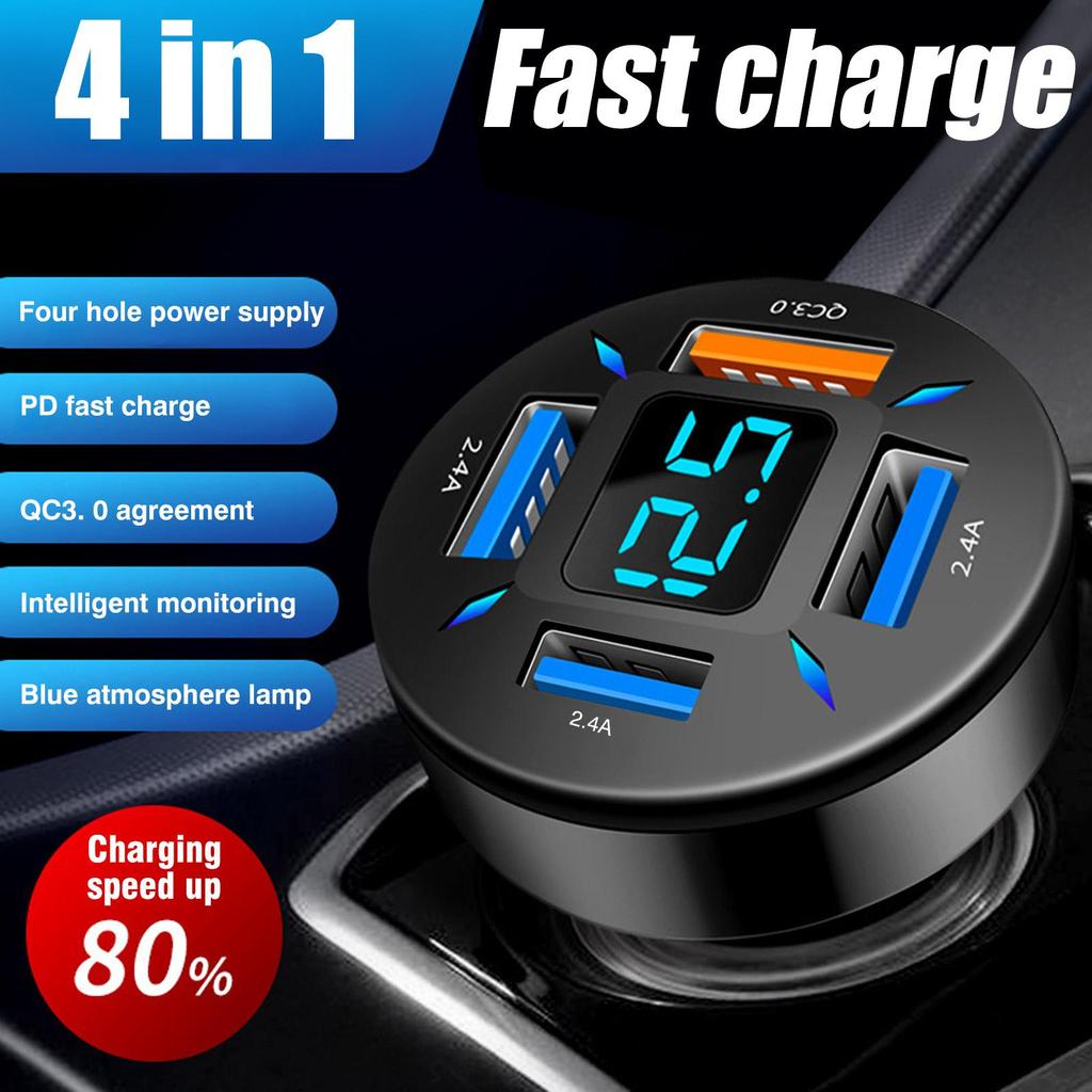 66W 4 Ports USB PD Quick Car Charger QC3.0 Type C Fast Charging Car Adapter Cigarette Lighter Socket Splitter For iPhone Xiaomi