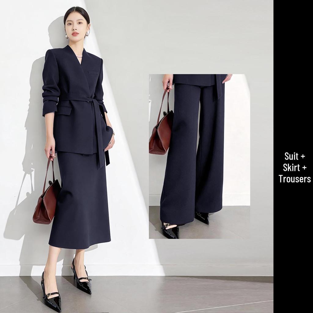 Elegant Coffee-Colored Collarless Skirt Suit for Women with Waist-Cinching Belt - Perfect for Urban Professional Style and Commuting.