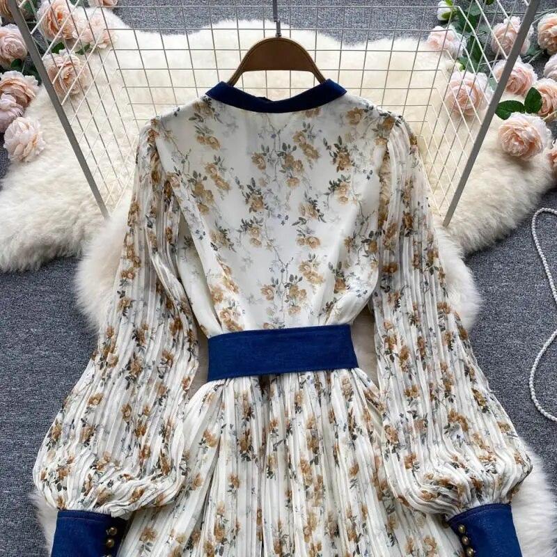 Autumn Lace Vintage Fairy Dress Women Patchwork Elegant Party Midi Dress Female Bow Korean Fashion One Piece Floral Dress 2024