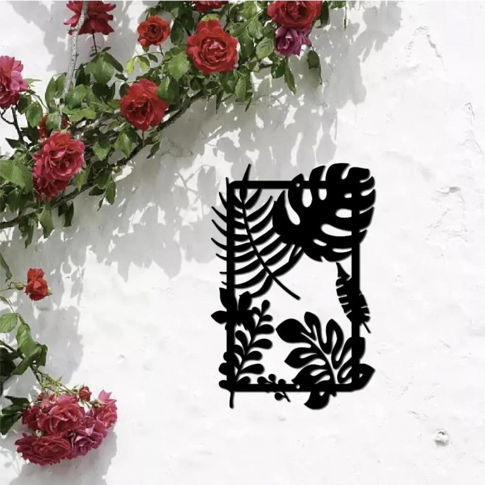 1pc Leaf Metal Wall Decor Black Tropical Plant Hanging Ornament Iron Rectangle Frame Sculpture Boho Modern Farmhouse Rustic Bathroom 11.8x7.9Inch