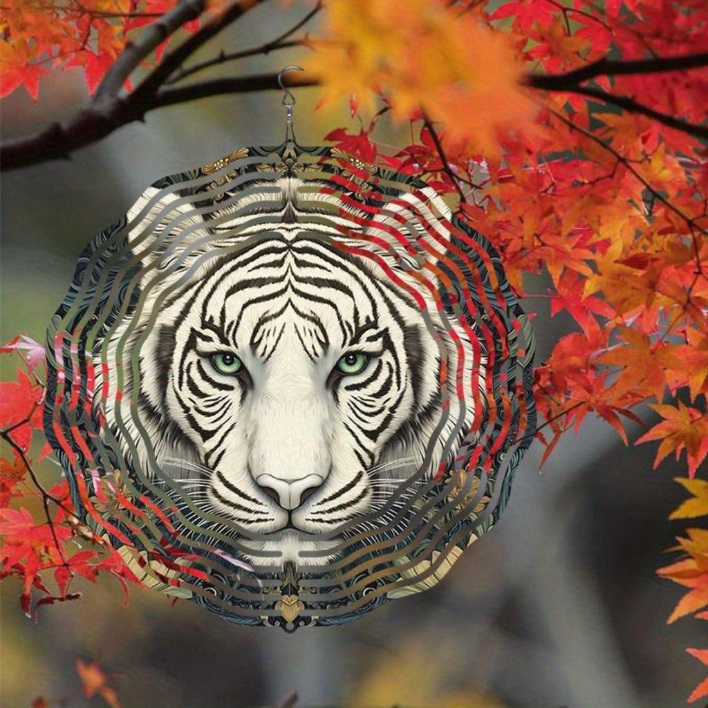 Mandala Lasergeschnittener Windspinner Outdoor Gartendekor Weißes Tiger Muster 2D Dynamisches Metall Windspiel Hängend Rotierend Klassischer Stil mit