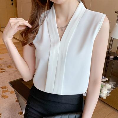 Büro Dame Chiffon Hemd Frauen 2023 Sommer Ärmellose Weste Sexy Tank Tops Solide V-ausschnitt Tanks Kleidung Blusa Mujer 24840
