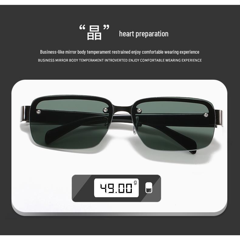 Men's Semi-Rimless Square Perforated Crystal Sunglasses with Top Screw Sunshade