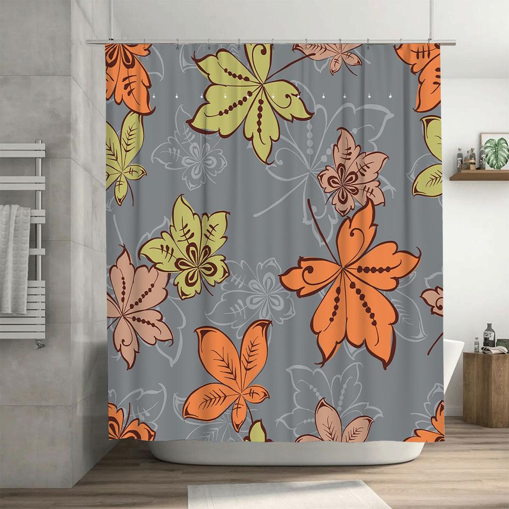 Fall Floral Shower Curtain Decor Printed Polyester Rainproof Bathroom Liner Autumn Leaf Pattern Available in Multiple Sizes for