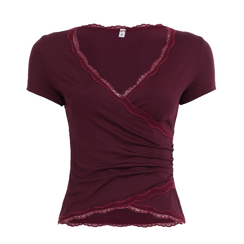 

European and American Style Pure Desire V-Neck French Slim-Fit Casual Top with Ruffled Edges, Sexy Slim-Fit Red Short-Sleeve T-Shirt for Women Red S
