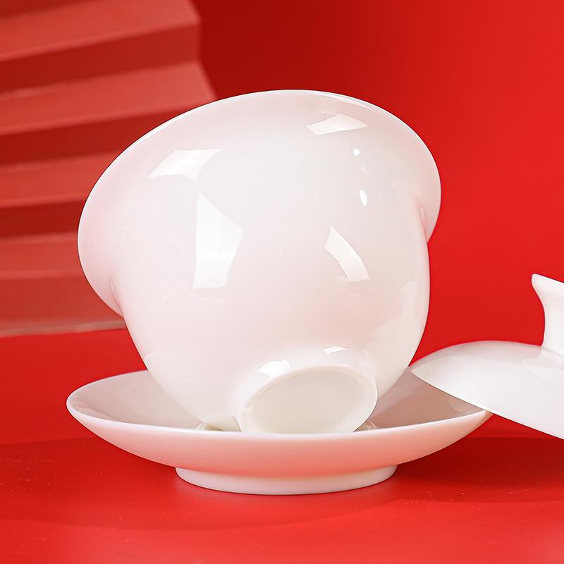 Dehua White Porcelain Suet Jade Kung Fu Tea Set Cover Bowl Set Gift Box Set Company Gift Gift Gift Tea Set Ceramic