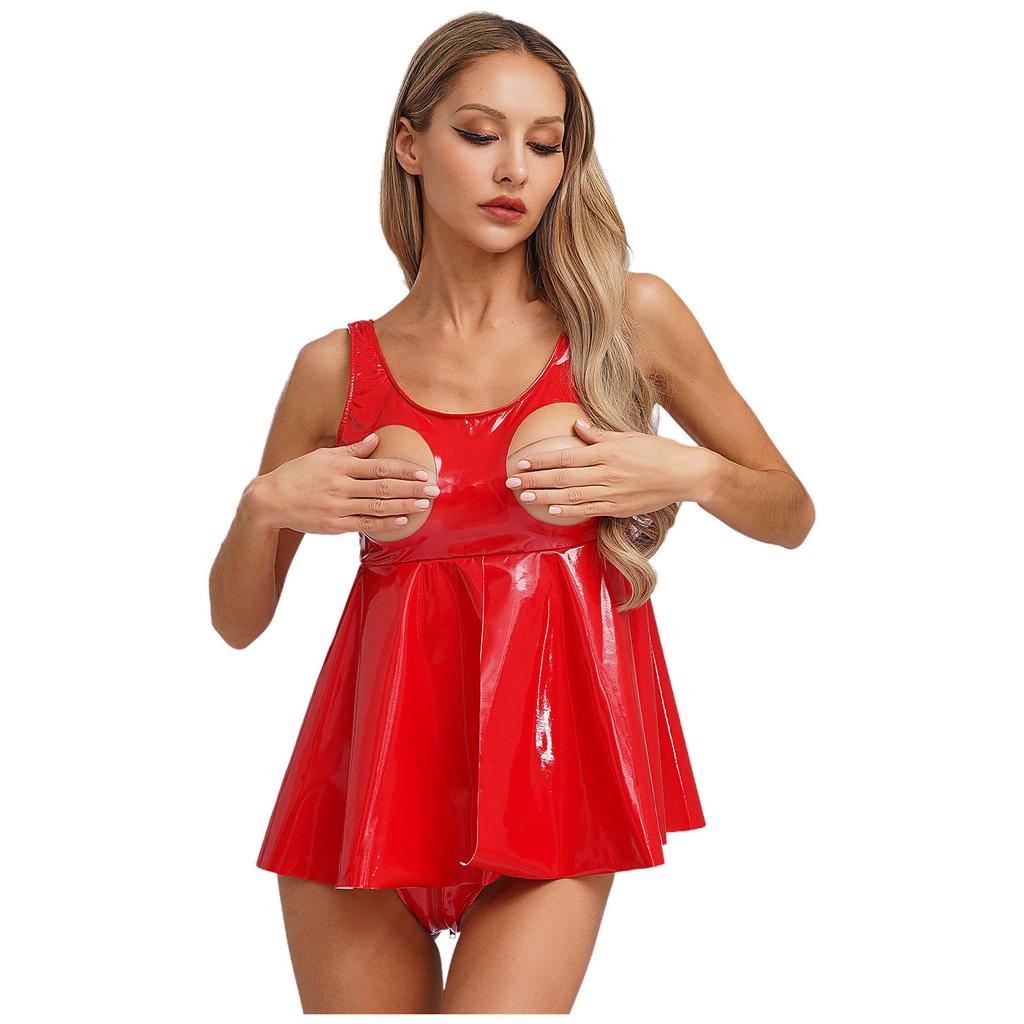 Women Wet Look Patent Leather Lingerie Tops Sleeveless Hollow Out Front Slit Ruffle Clubwear Nightwear Rave Outfit
